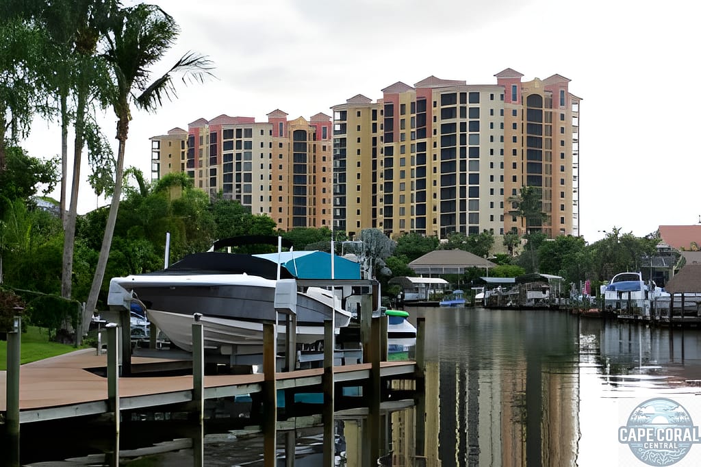 Panoramic view of Gulf access condos in Cape Coral, highlighting their waterfront location and modern design.