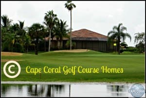 Scenic view of a Cape Coral golf course home for sale, with lush green fairways and tranquil water features in the foreground, under a cloudy Florida sky